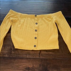 yellow button down off the shoulder top